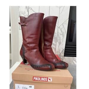 Pikolinos Leather Mid Calf Boots Size 40 Burgundy Brown Vintage Style Low Heel